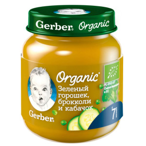 Пюре детское Gerber Organic Зеленый горошек, брокколи и кабачок, 7m+, 125гр